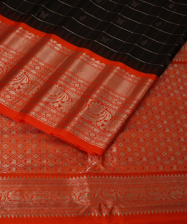 Black orange handwoven gadwal silk saree