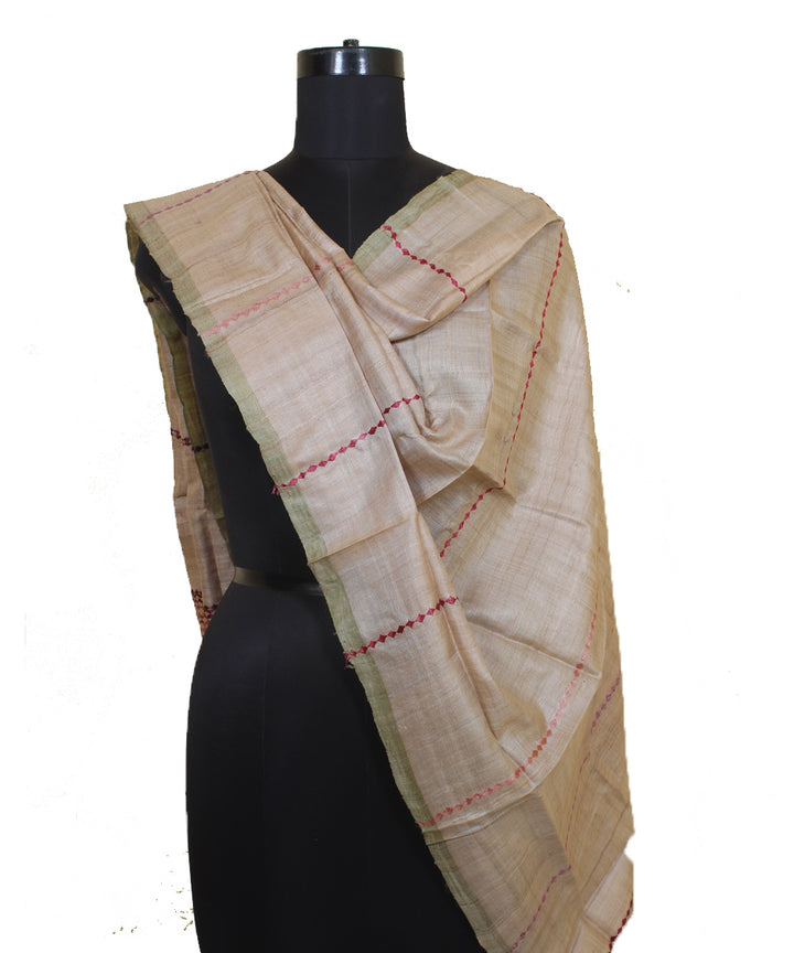 Beige striped handwoven tussar silk gopalpur stole