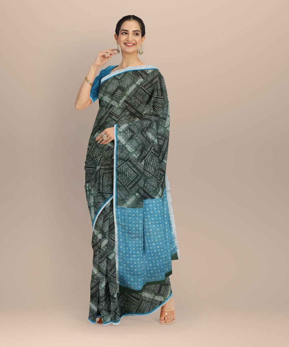 Olive green multicolor linen hand printed bhagalpur saree