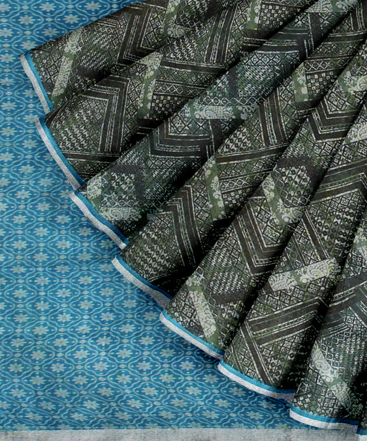 Olive green multicolor linen hand printed bhagalpur saree