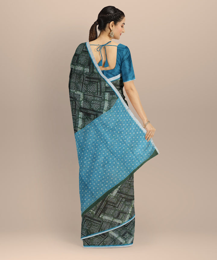 Olive green multicolor linen hand printed bhagalpur saree