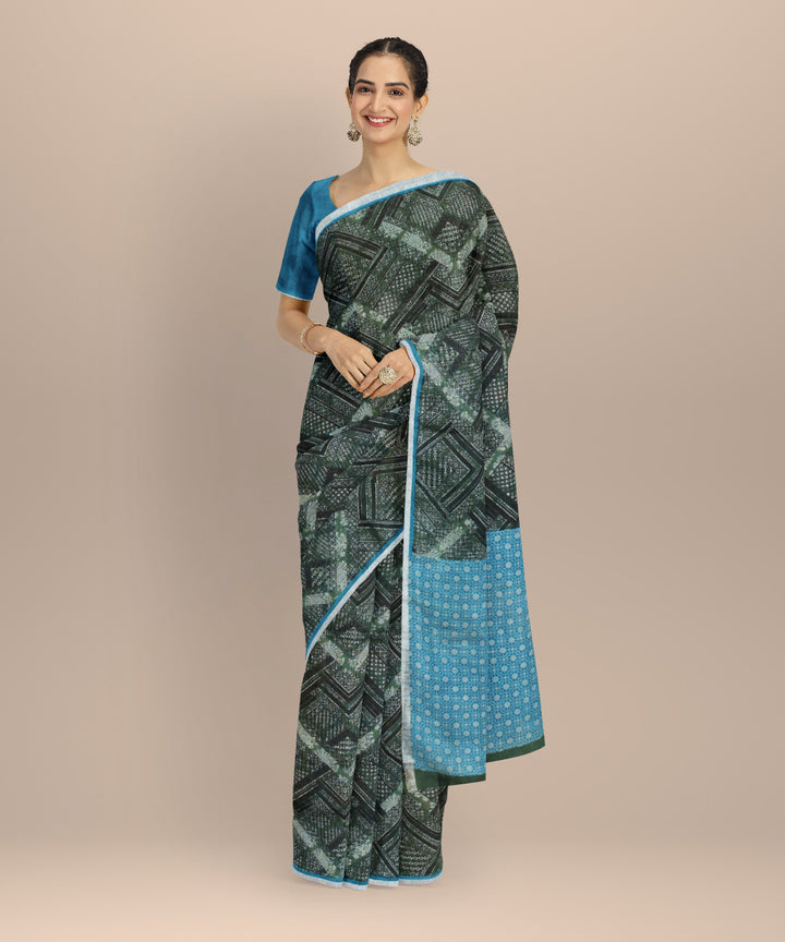 Olive green multicolor linen hand printed bhagalpur saree