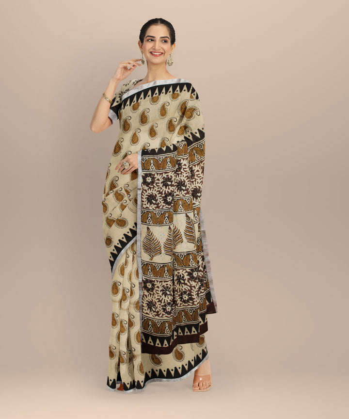 Cream multicolor linen hand printed  saree