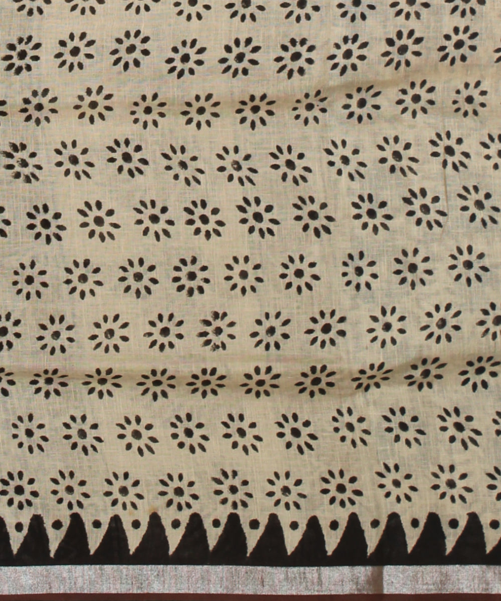 Cream multicolor linen hand printed  saree