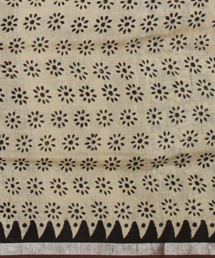 Cream multicolor linen hand printed  saree