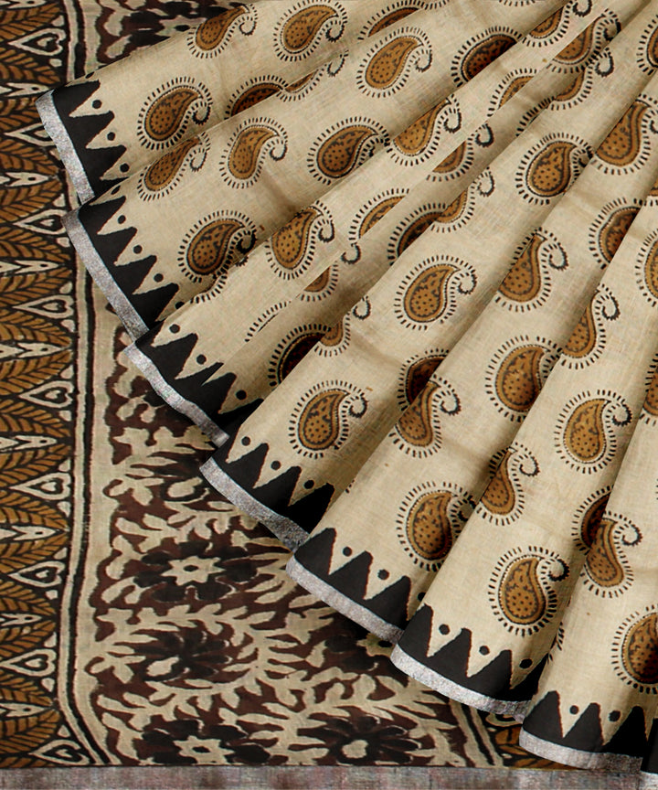 Cream multicolor linen hand printed  saree
