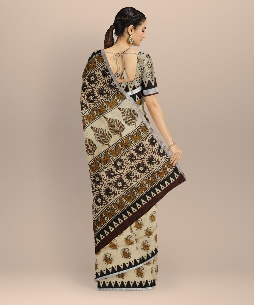 Cream multicolor linen hand printed  saree