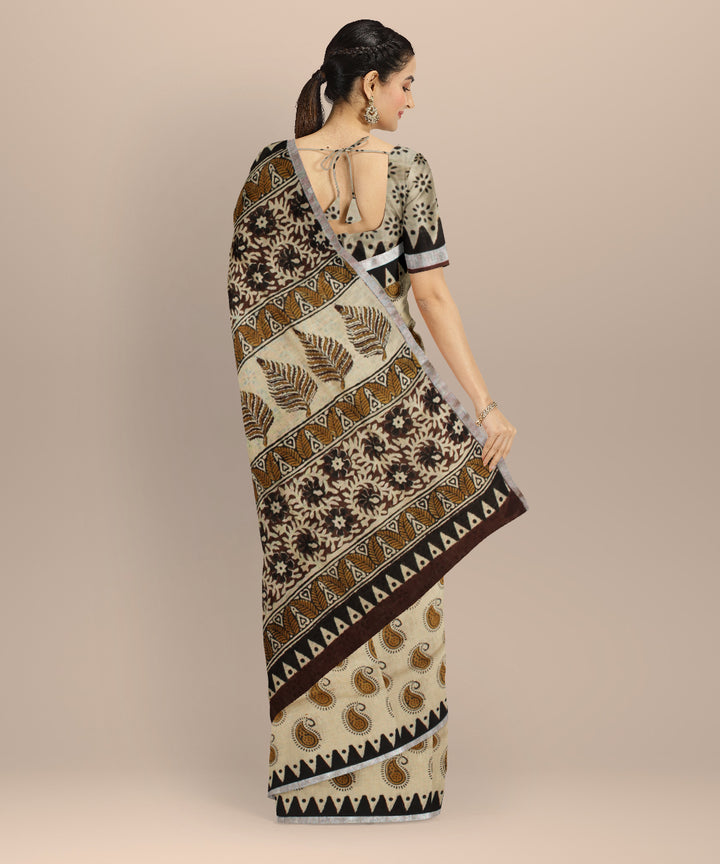 Cream multicolor linen hand printed  saree