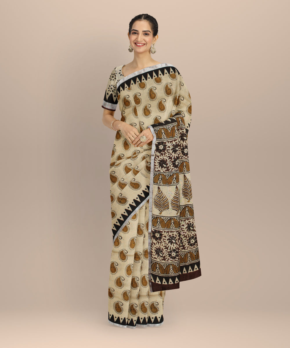 Cream multicolor linen hand printed  saree