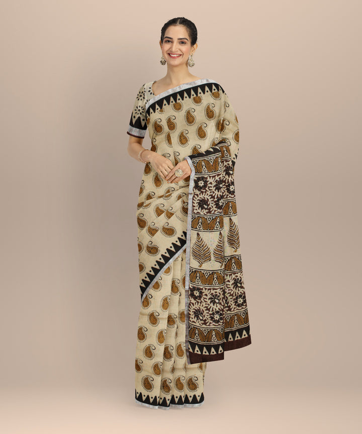 Cream multicolor linen hand printed  saree