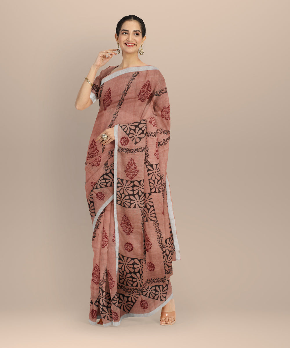 Brown multicolor hand printed linen bhagalpur saree