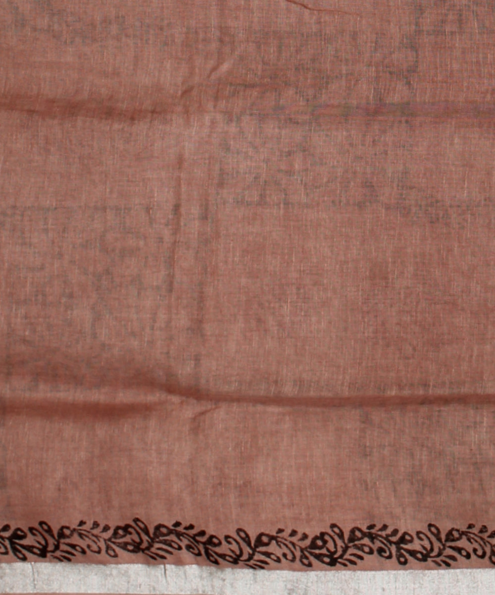 Brown multicolor hand printed linen bhagalpur saree
