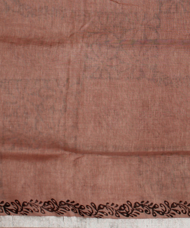 Brown multicolor hand printed linen bhagalpur saree