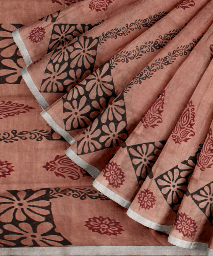 Brown multicolor hand printed linen bhagalpur saree
