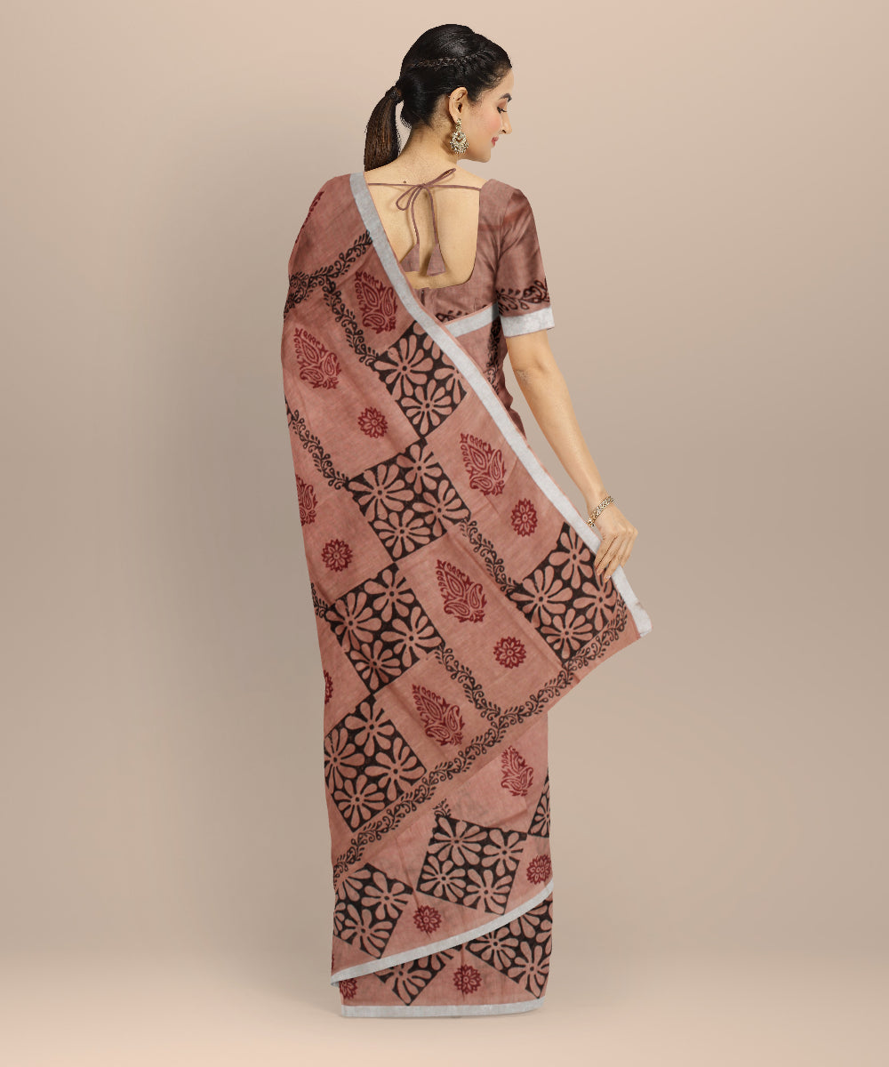 Brown multicolor hand printed linen bhagalpur saree