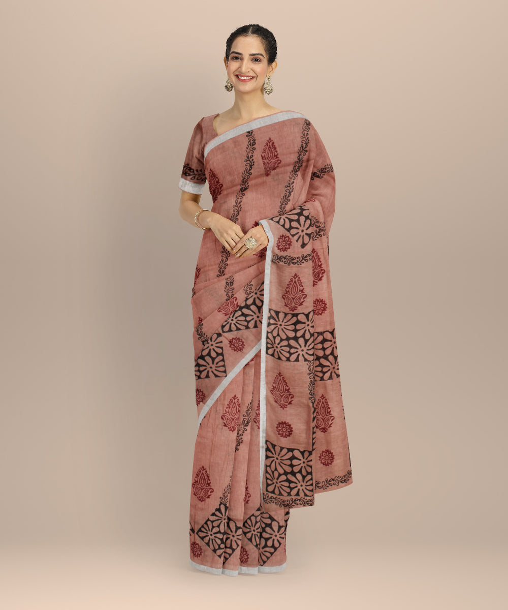 Brown multicolor hand printed linen bhagalpur saree