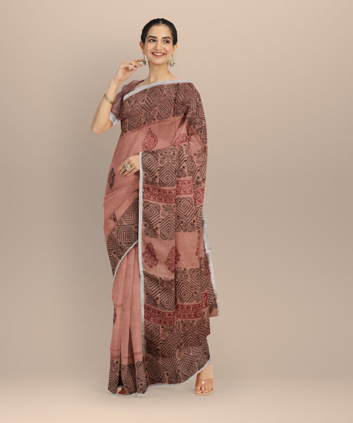 Brown multicolor linen hand printed bhagalpur saree