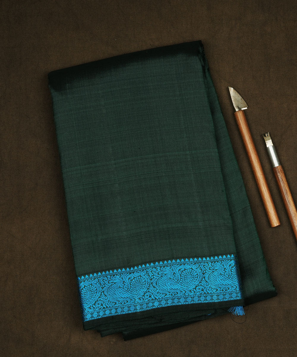 Teal green sky blue handwoven kanjivaram silk saree