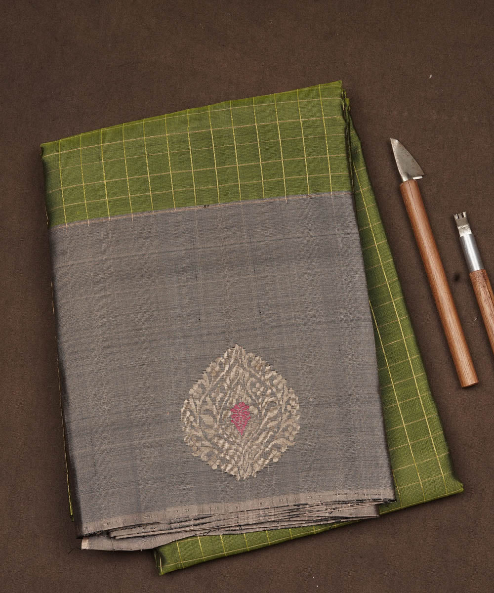 Brown green handwoven kanjivaram silk saree