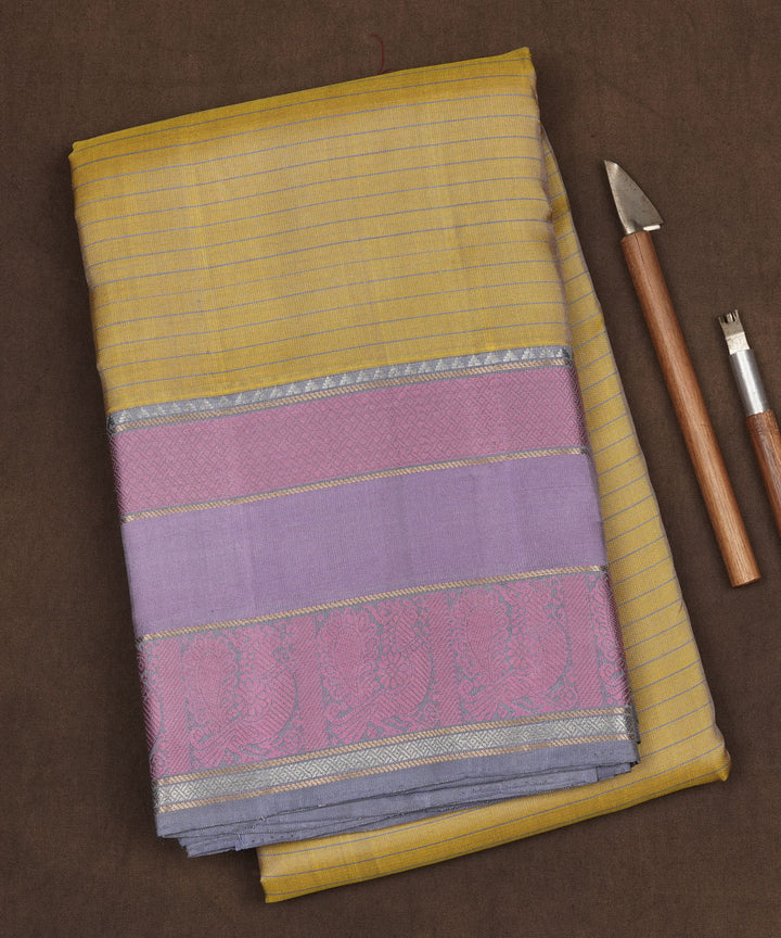 Yellow pink lavender handwoven kanjivaram silk saree