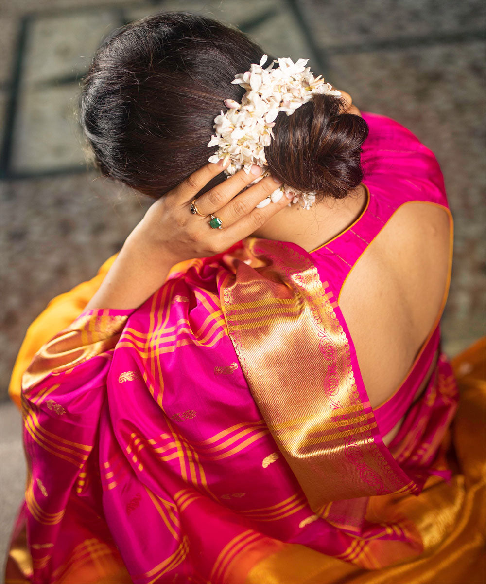 Pink yellow handwoven kanjivaram silk saree