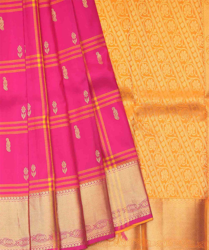 Pink yellow handwoven kanjivaram silk saree