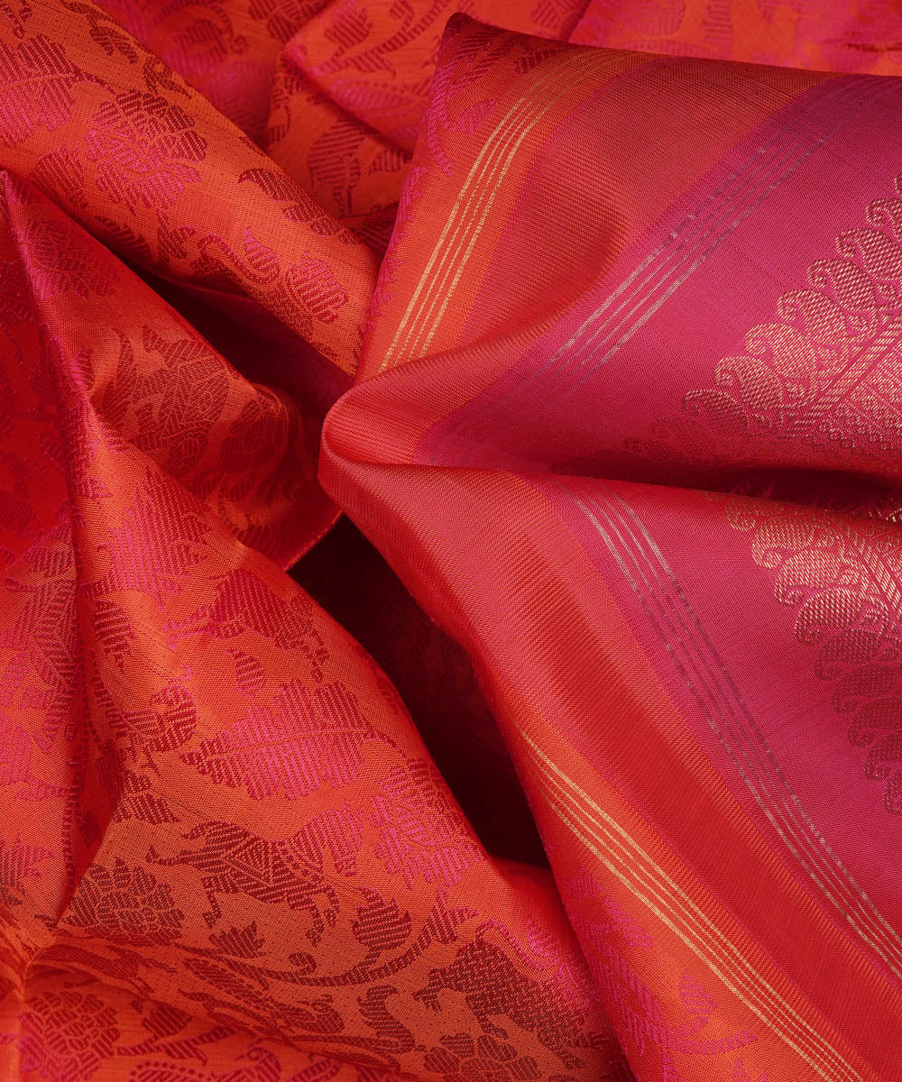 Orange pink handwoven kanjivaram silk saree