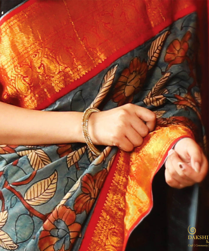 Red blue handwoven kanjivaram silk saree