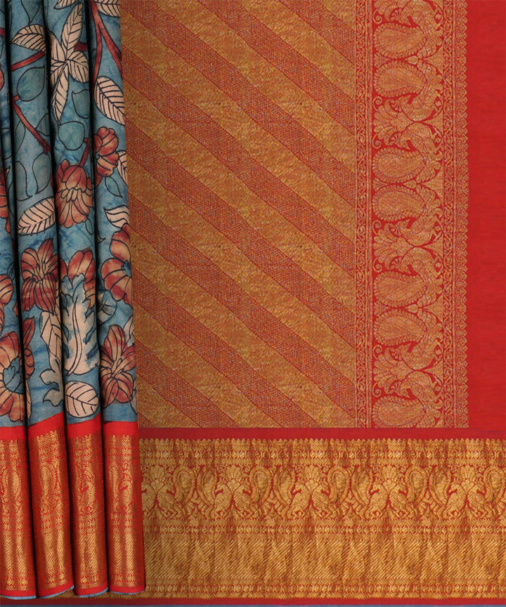 Red blue handwoven kanjivaram silk saree