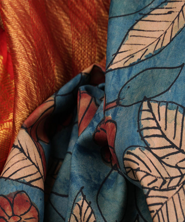 Red blue handwoven kanjivaram silk saree