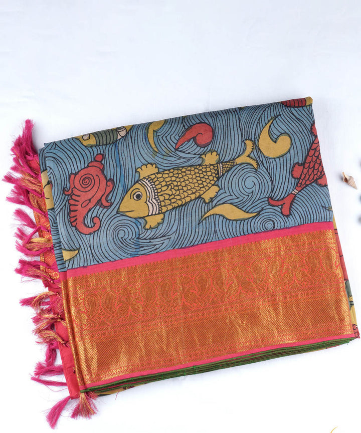 Pink blue handwoven kanjivaram silk saree