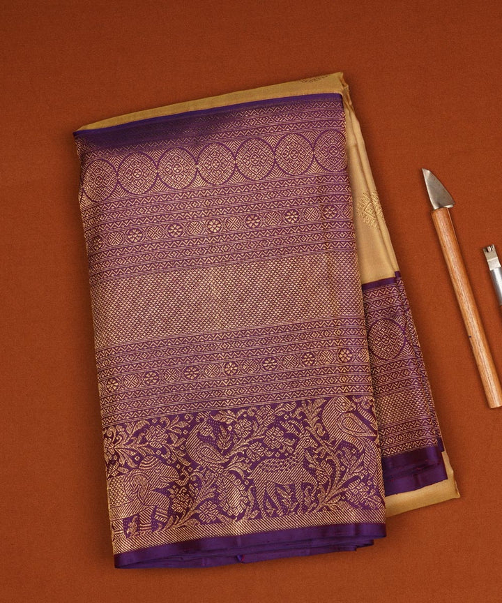 Beige purple handwoven kanjivaram silk saree