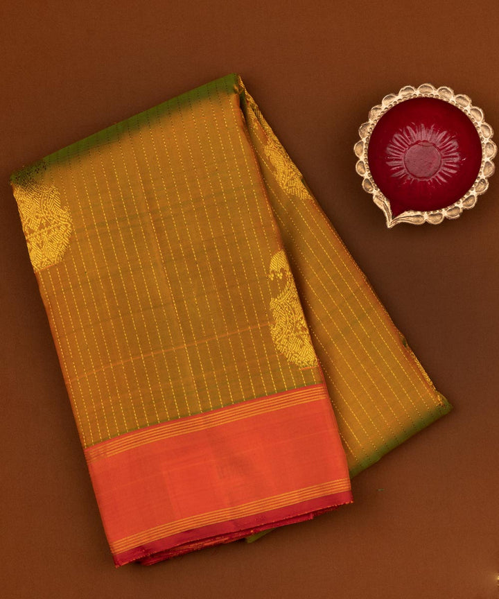 Handwoven mustard with orange kanjivaram silk saree