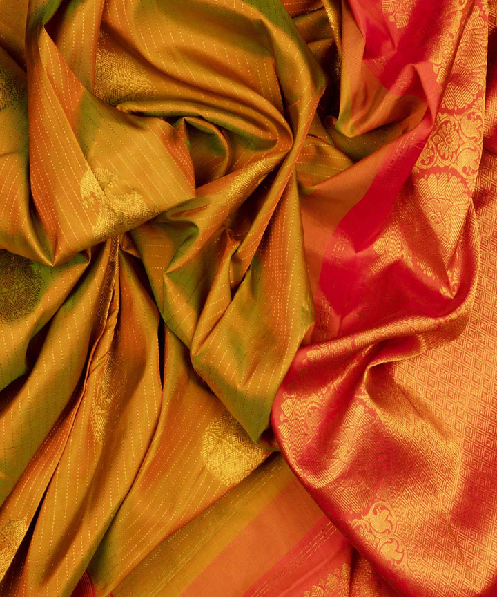 Handwoven mustard with orange kanjivaram silk saree