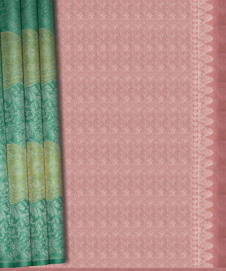 Handwoven green with pink kanjivaram silk saree
