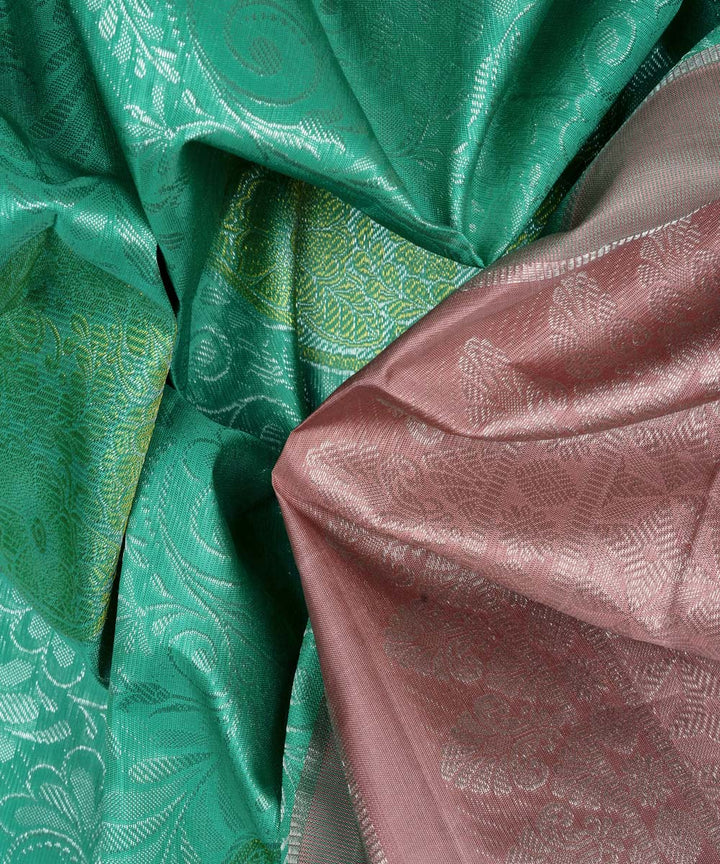 Handwoven green with pink kanjivaram silk saree