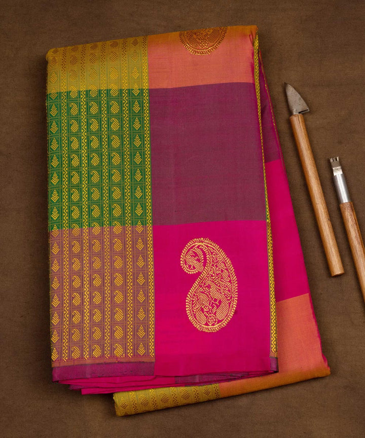 Handwoven multi-colour with pink kanjivaram silk saree