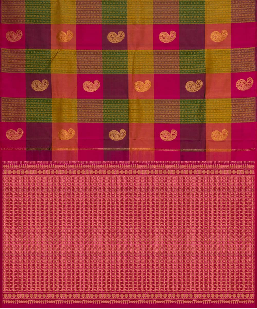 Handwoven multi-colour with pink kanjivaram silk saree