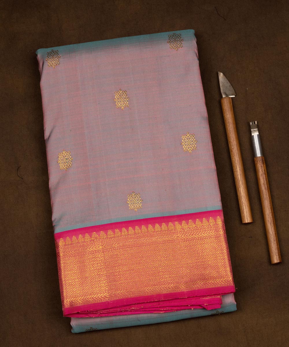 Handwoven blue with pink kanjivaram silk saree