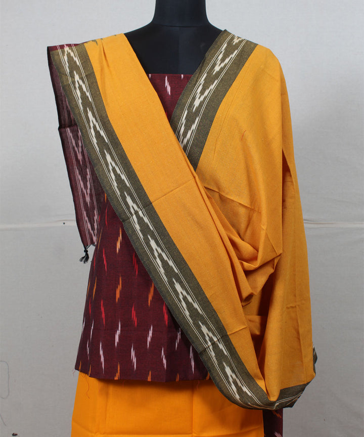 Maroon yellow handwoven cotton pochampally ikat dress material
