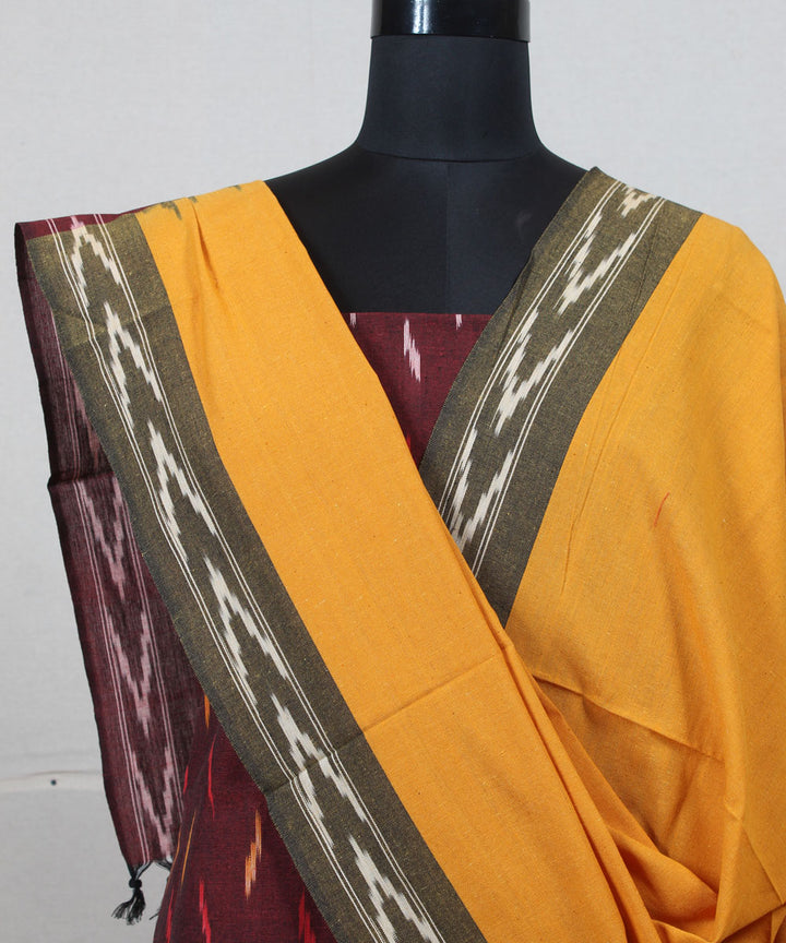 Maroon yellow handwoven cotton pochampally ikat dress material