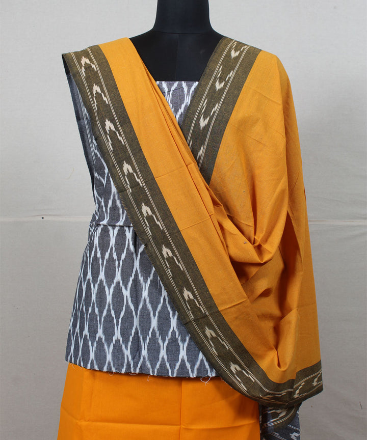 Grey yellow handwoven cotton pochampally ikat dress material