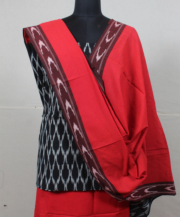 Black red handwoven pochampally ikat cotton dress material