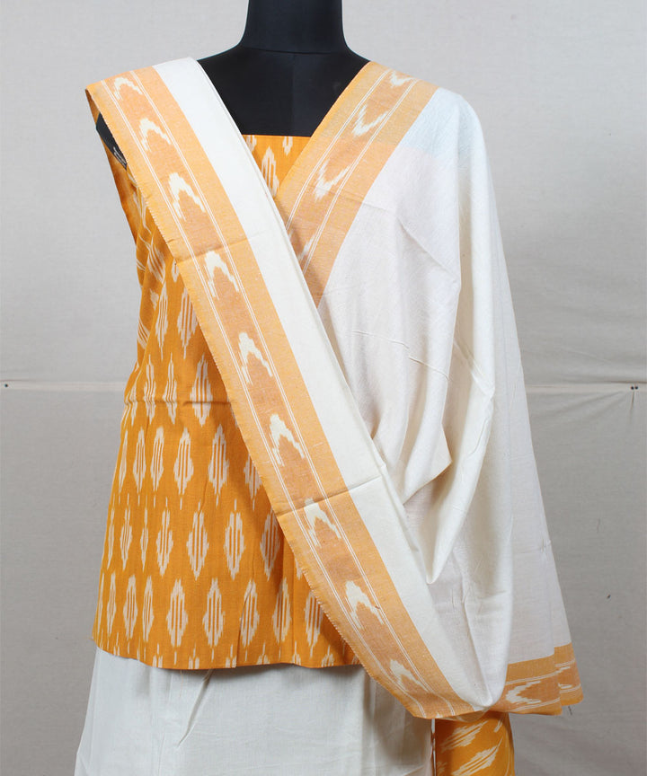 Mustard white handwoven pochampally ikat cotton dress material