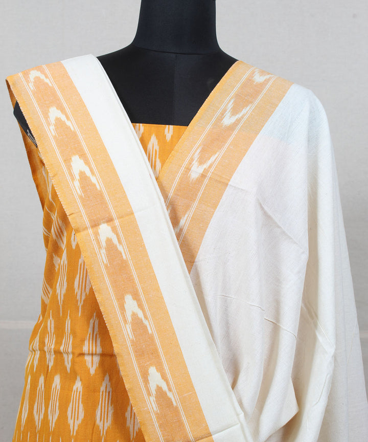 Mustard white handwoven pochampally ikat cotton dress material