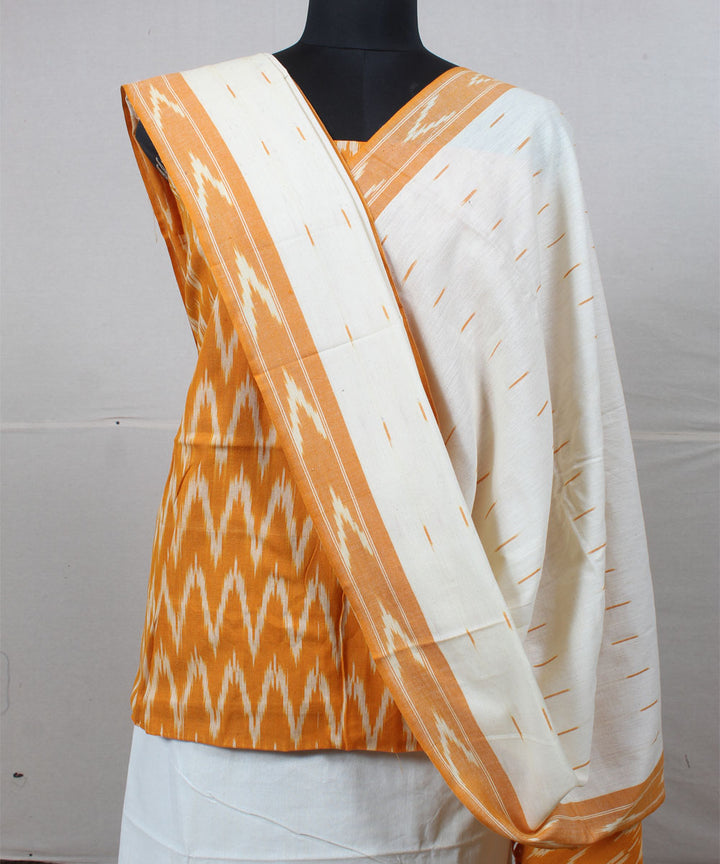 Mustard white handwoven cotton pochampally ikat dress material