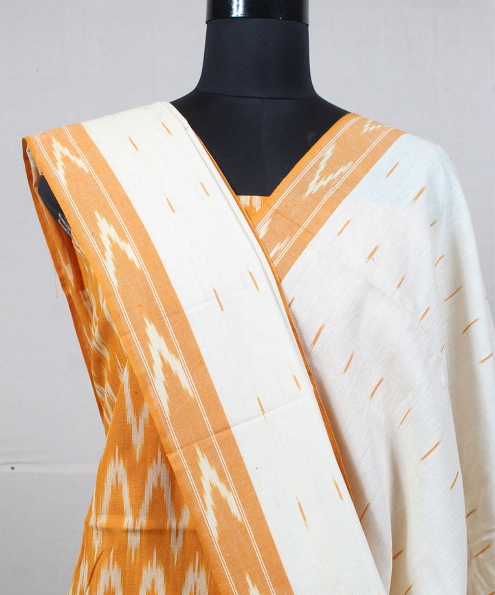 Mustard white handwoven cotton pochampally ikat dress material