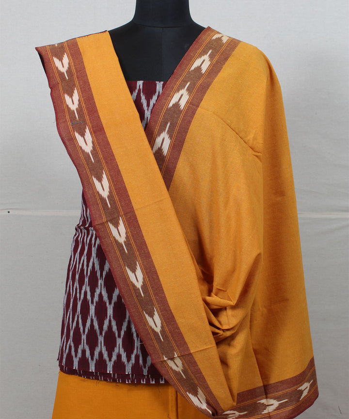 Maroon mustard cotton handwoven pochampally ikat dress material