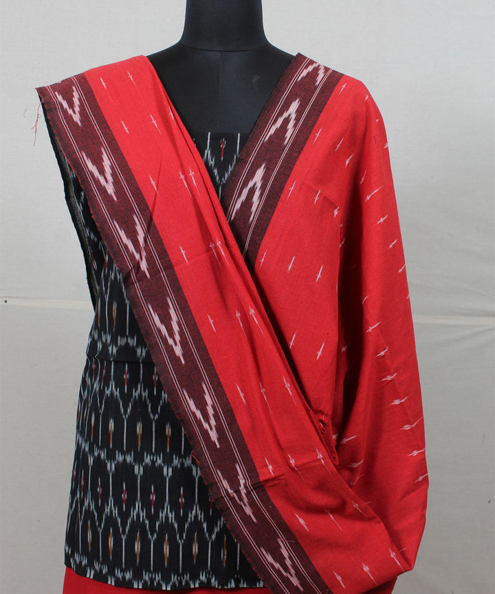 Black red handwoven cotton pochampally ikat dress material