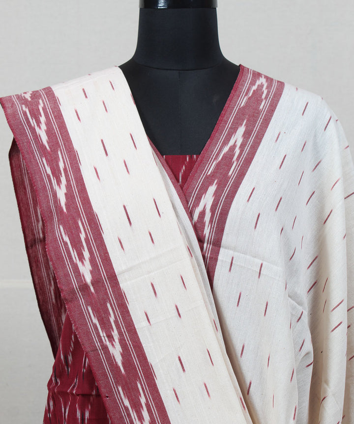 Maroon white handwoven cotton pochampally ikat dress material